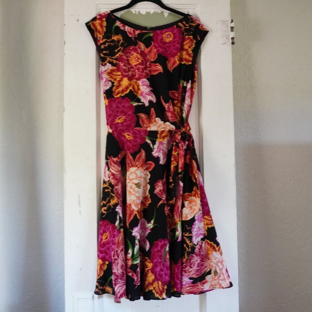 Tahari Arthur S Levine Floral Side Tie Fit & Flare Dress Black Pink Size 8